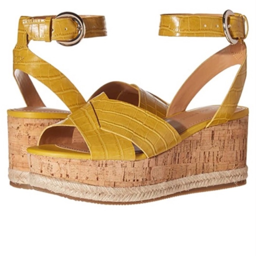 NWT Marc Fisher Carlin 2 Croc Embossed Platform Espadrille Sandal Yellow 9 1/2